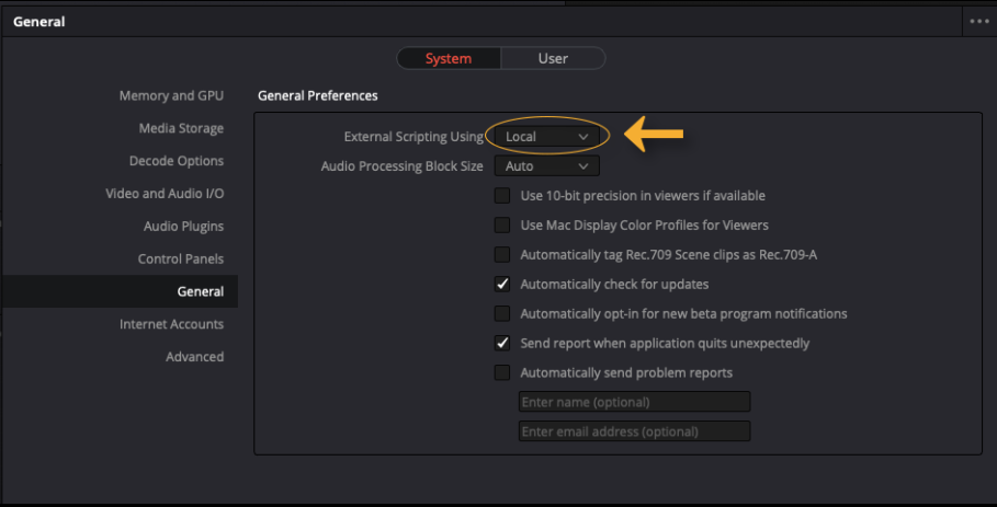 davinci resolve update configuration